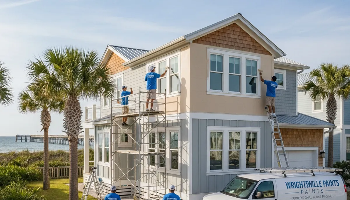 Professional house painters working on exterior home in Wilmington, NC